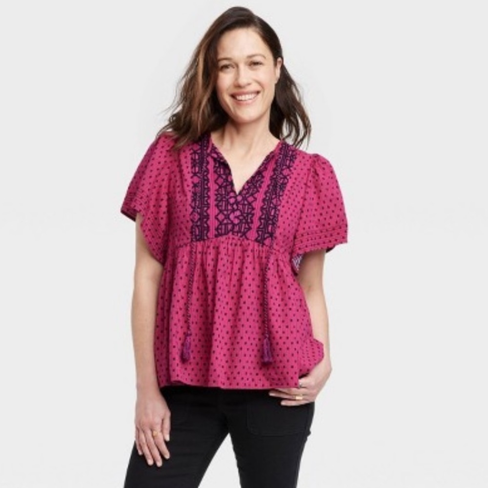Knox Rose Top Large Flutter Short Sleeves Rich Magenta Black Dot Tassels NWT